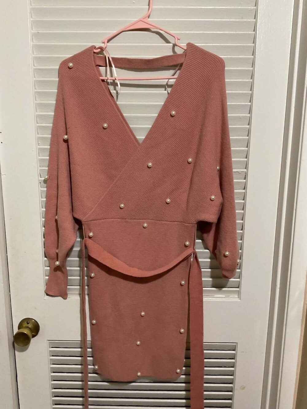 Pearl-Embellished Mauve Wrap Knit Dress